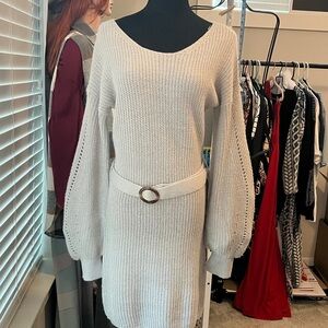 Elegant Grey  Knit Sweater Dress with Belt